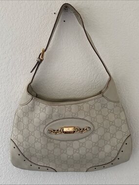 Gucci Beige Monogram Hobo Bag with Gold Hardware
